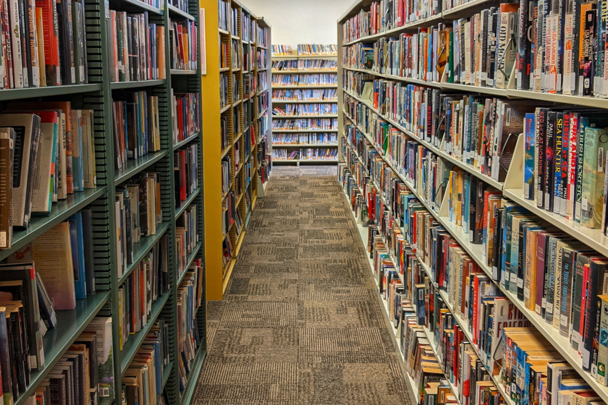 Photo of bookshelves at the library